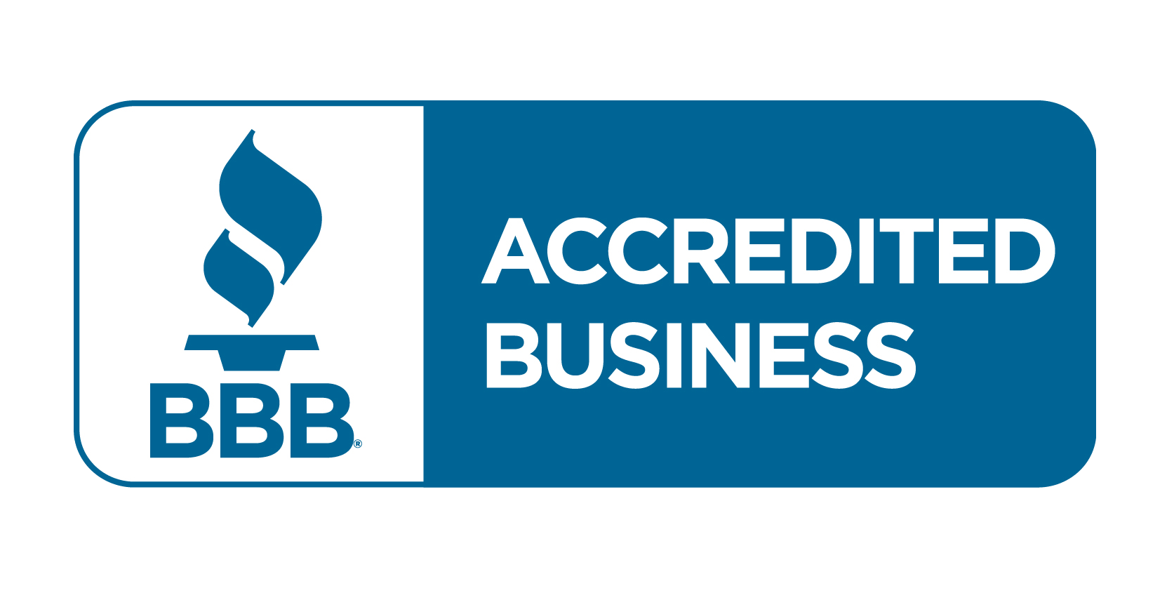 A blue torch sits above the letters BBB with a flame made of two blue squiggles, further to the right in a blue box with white, block text inside reading "accredited business".