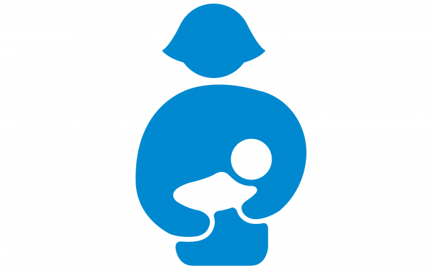 This image is a simple stencil of an adult in blue who is presumed to be a parent with an infant represented in a white stencil within the arms of the blue parent stencil.
