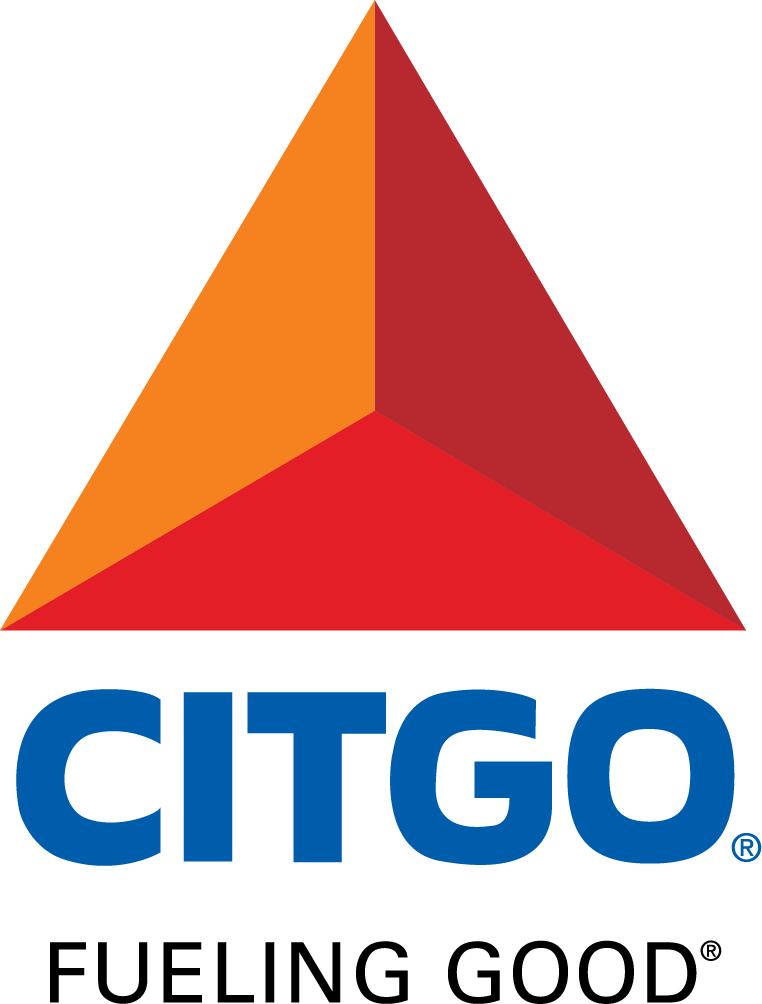 This logo displays a multi-dimensional triangle which comes to a point in the middle giving the look of three separate and equal sections within the triangle, one of which is orange, another is red, and the final one is deep maroon. Beneath the triangle is CITGO written in a dark navy color followed by the copyright logo of a capitalized R within a circle, and 'fueling good' in a plain black font at the very bottom, also followed by a copyright logo.