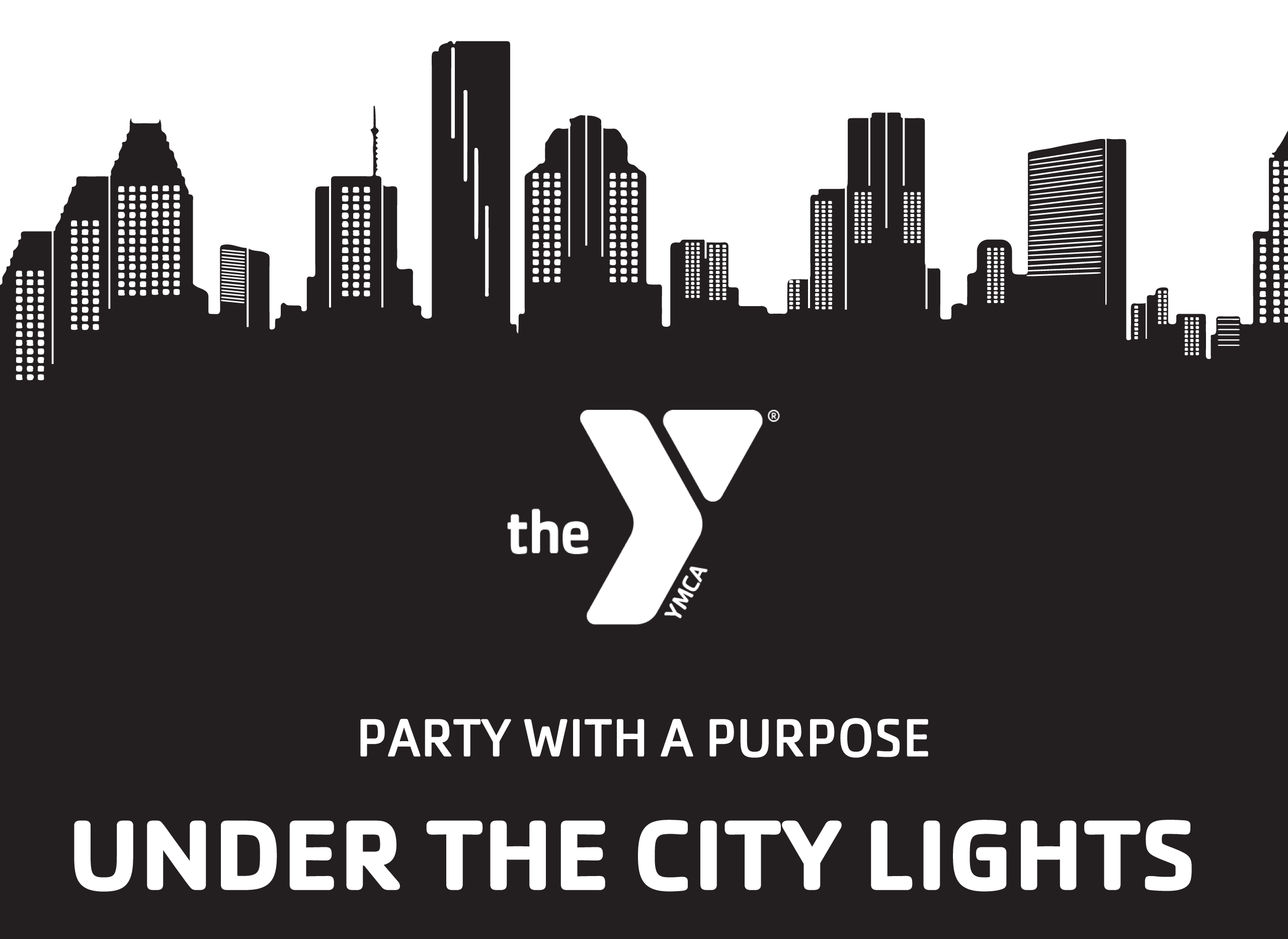 A black and white graphic of a city skyline with the YMCA logo and the text “Party with a purpose under the city lights”.