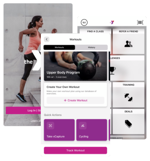 A collage of images and text showcasing a fitness app’s features.