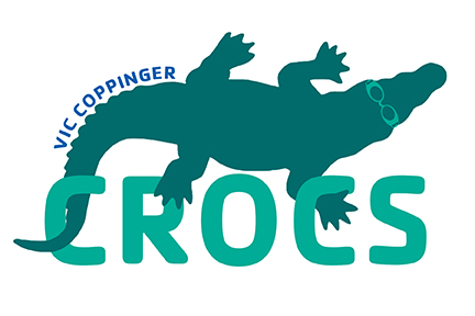 A logo of a teal crocodile wearing sunglasses with the text “Vic Coppinger CROCS” above it.