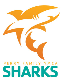 Logo for the Perry Family YMCA Sharks, featuring an orange shark design.
