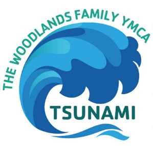Logo for The Woodlands Family YMCA Tsunami, featuring a blue wave and text.