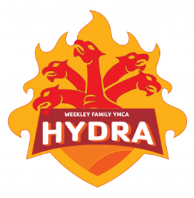 Logo for the Weekley Family YMCA Hydra sports team, featuring five red hydra heads on an orange shield