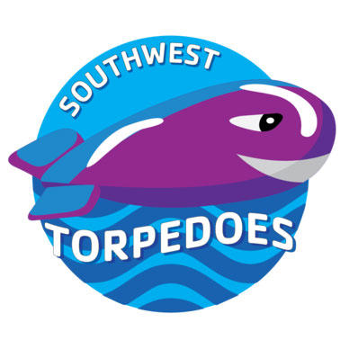 Logo for the Southwest Torpedoes, a purple fish with blue waves.