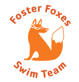 Foster Foxes Swim Team logo in orange text featuring an orange fox in the middle