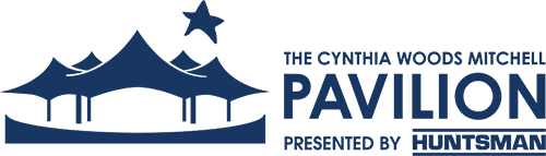Cynthia Woods Mitchell Pavilion logo with blue text feat blue silhouette of a pavilion with three peaks