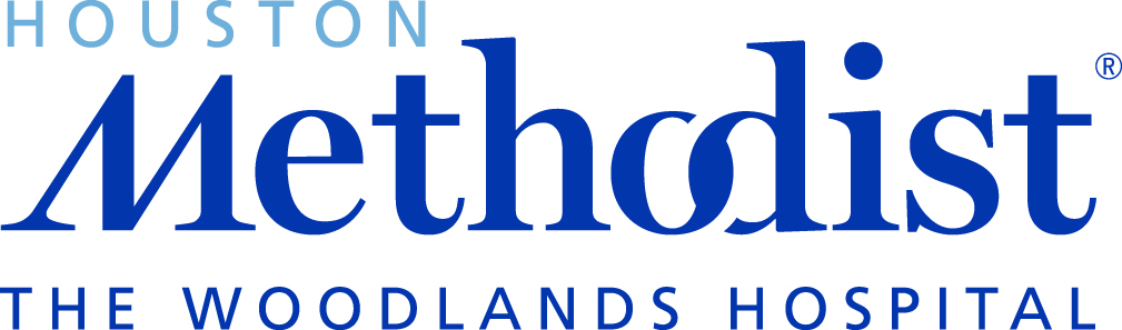 Houston Methodist The Woodlands Hospital logo features blue text with a stylized “M” in the center