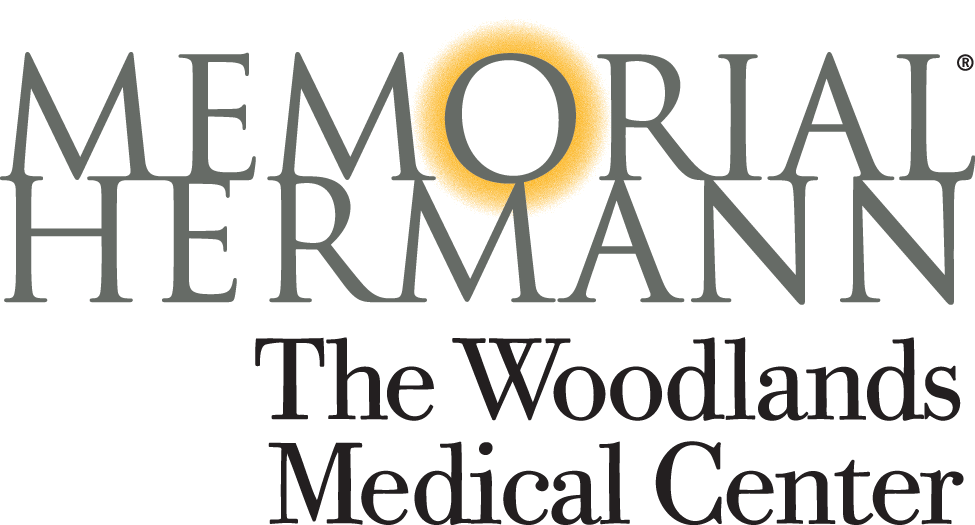 Memorial Hermann text in gray with The Woodlands Medical Center in black text below