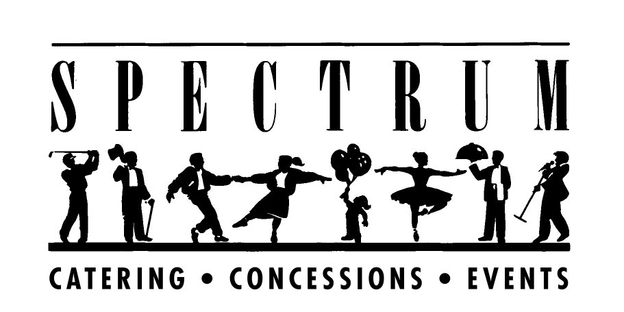 Black and white logo for Spectrum Catering, Concessions, and Events with drawn silhouettes of people performing various activities