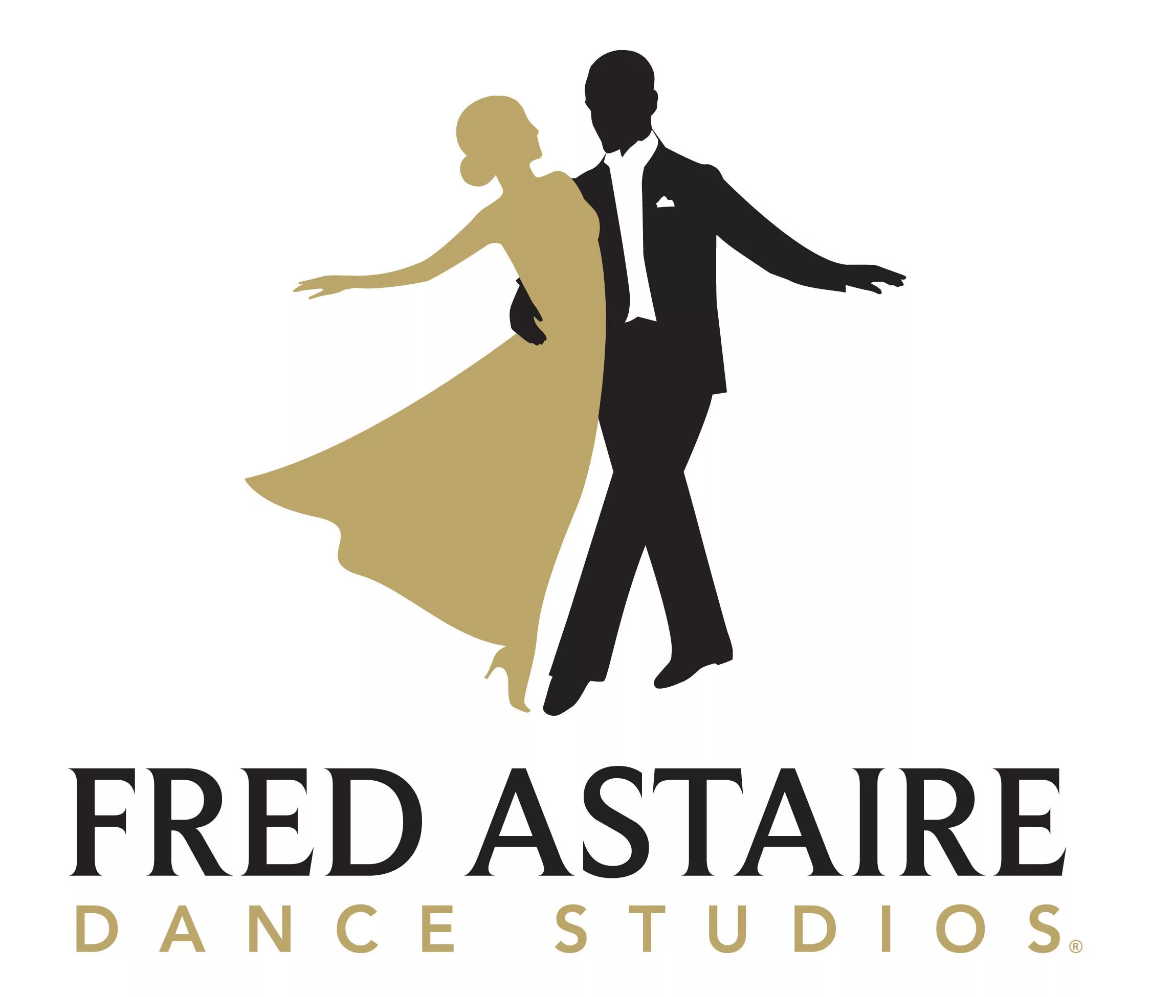 A golden figure of a woman in an evening gown dances with a figure of a man in a black tux above the words "Fred Astaire Dance Studios" in black and gold over a white background