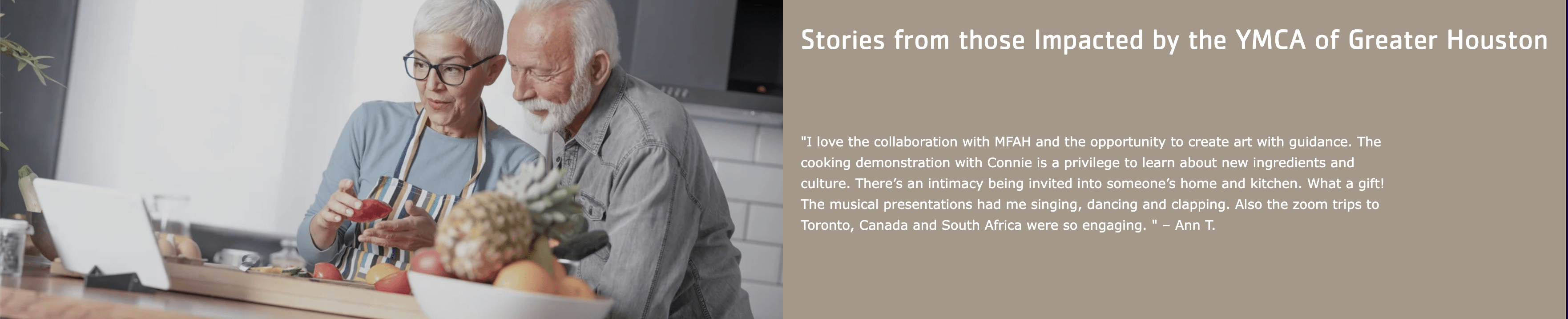 Elderly couple cooking together at a kitchen counter, with a tablet nearby and a bowl of fresh produce in the foreground. Text overlay shares a testimonial about YMCA cooking and art programs.