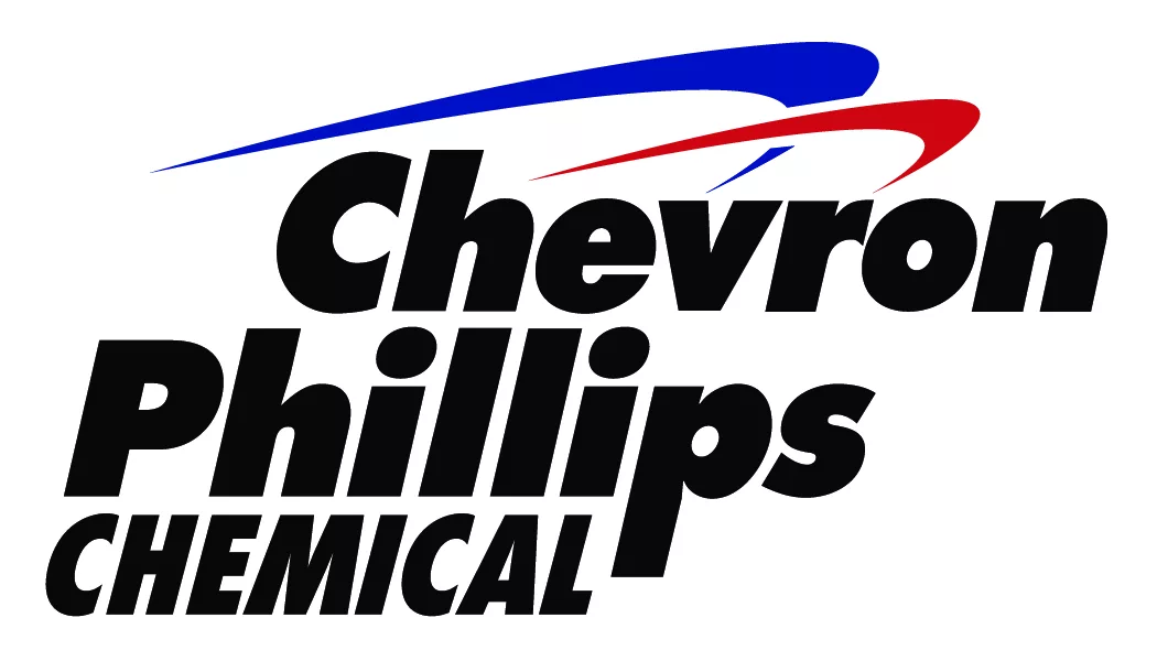 Logo for Chevron Phillips Chemical company, featuring the company name in black text with a red and blue swoosh above it