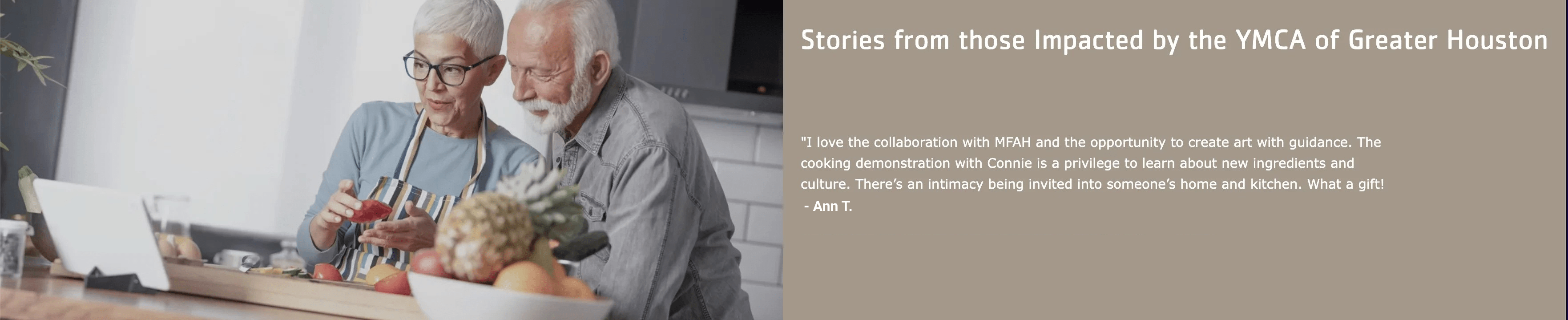 Elderly couple cooking together at a kitchen counter, with a tablet nearby and a bowl of fresh produce in the foreground. Text overlay shares a testimonial about YMCA cooking and art programs.